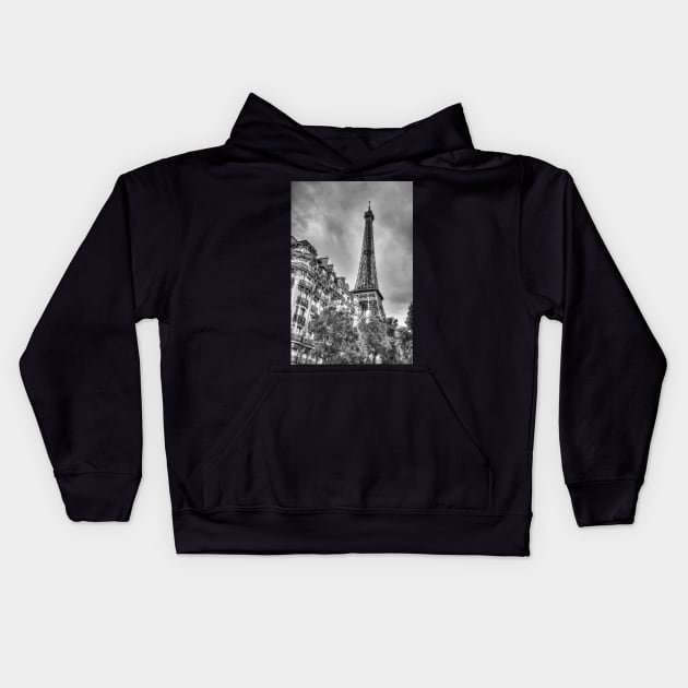 Eiffel Tower Paris, Behind The Town Houses, Black And White Kids Hoodie by tommysphotos